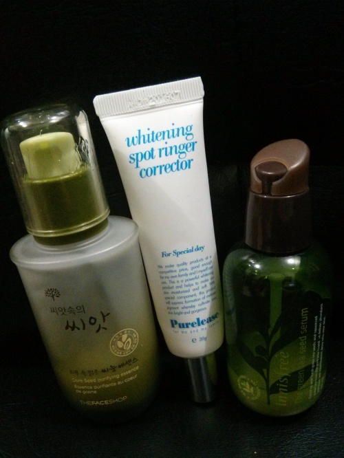 The Face Shop Core Purifying Seed Essence, Purelease Whitening Spot Ringer, Innisfree Green Tea.